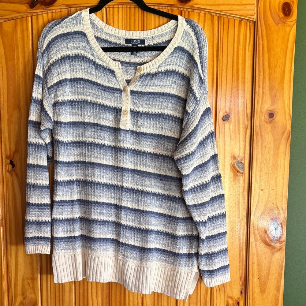 Chaps Blue and Cream Striped Henley Sweater